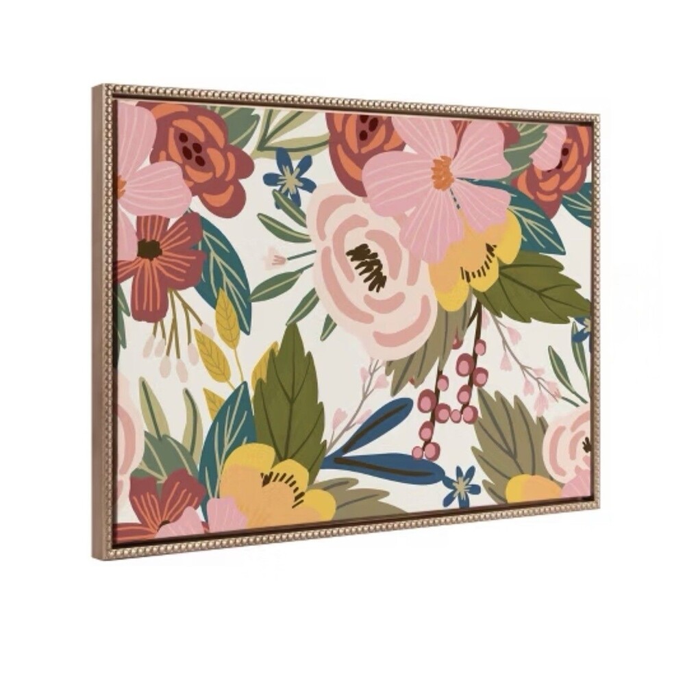 Kate & Laurel Sylvie Beaded Framed Canvas 28x38 Gold Floral Mia Charro Art NEW